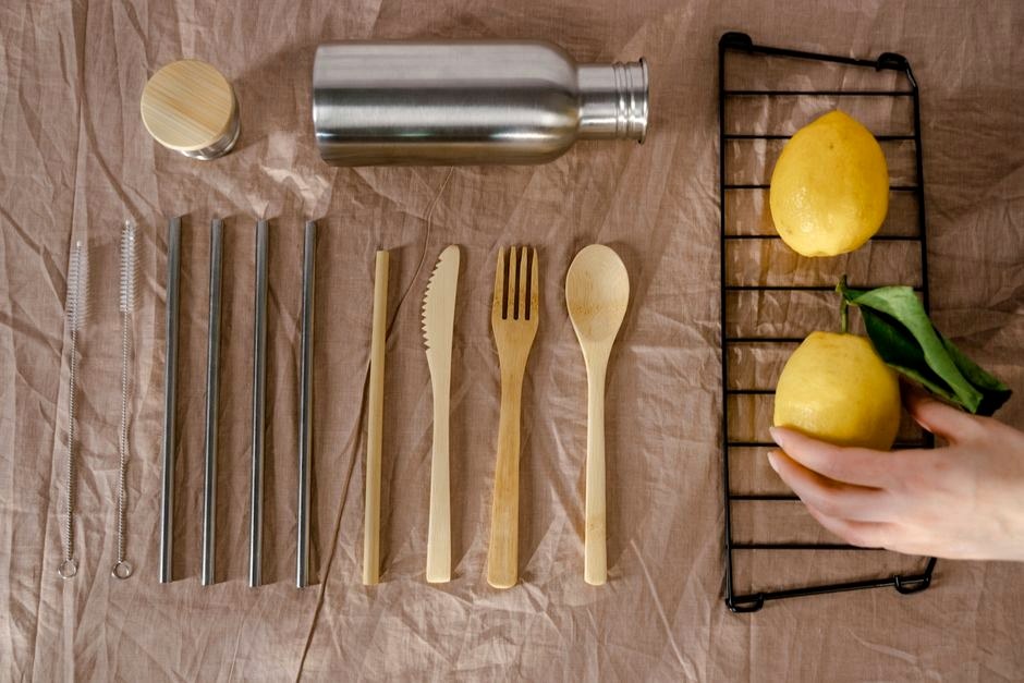 Reusable cutlery arranged on fabric for a lunch wrap.